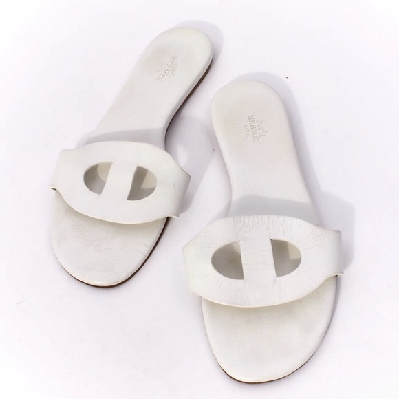 HERMES White Leather Lisboa Flats/Sandals, 38 - Picture 1 of 7